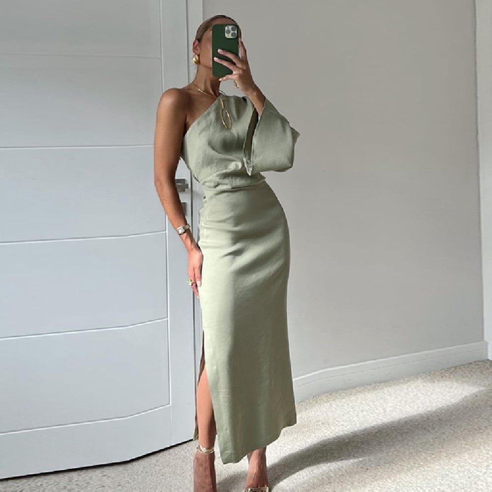 Oblique One-Shoulder Silk Twill Slim Dress